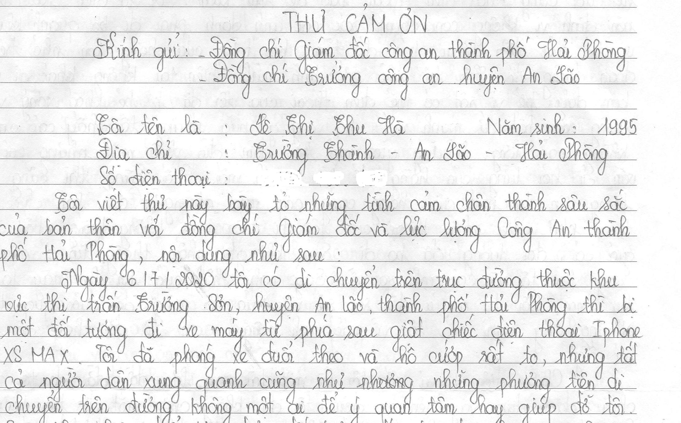 Chị Lê Thị Thu Hà (Trường Thành, huyện An Lão, Hải Phòng) gửi cảm ơn Giám đốc Công an thành phố và Trưởng Công an huyện An Lão.